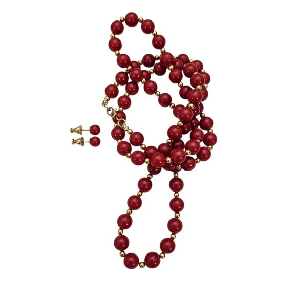 Monet Vintage Red Lucite Bead Necklace, Ball Post Earrings Set, Sister Clasp - Picture 1 of 12